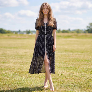 Polka Dot Ruffled Waist V-Neck Long Dress