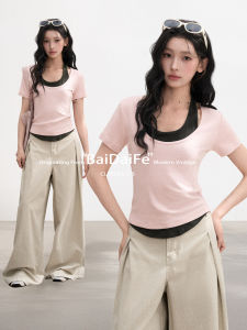 BAIDAIFEI | Pink Color Block Illusion Two-Piece Halter Straight Short Sleeve T-Shirt Slim Fit Irregular Waist Tuck Top