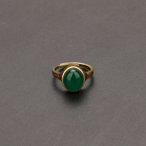 Original Handmade Natural Green Chalcedony Ring Pure Copper Men and Women Inlaid Agate Opening Adjustable Body Ring Praying for Peace，ring for man，rings for women