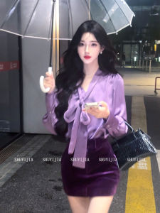 Syj Shuyijia French Lady Style Satin V-neck Shirt And Velvet Wrap-around Skirt Set plus Size Women Fashionable Commute Wear