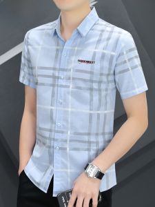 HENGYUANXIANG | Hengyuanxiang Mens Short Sleeve Shirt Casual Thin Summer Striped Shirt Korean Style Fashion New Model Youth Polyester Blend