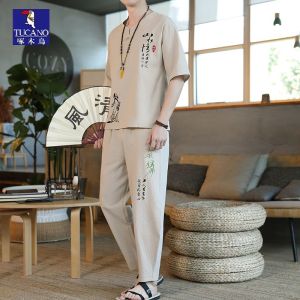 TUCANO Summer Thin Cotton Linen Ice Silk Short Sleeve V Neck Hanfu Mens Casual Sport Suit Vintage Style Woodpecker Wind