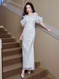 ชุดราตรีสีขาวยาว ชุดราตรีผู้หญิง งานเลี้ยงวันเกิด ฤดูใบไม้ผลิ 2025 ชุดราตรียาวเอวสูง เอฟเฟกต์ไฮเอนด์ ไหล่เดียว แขนกุด