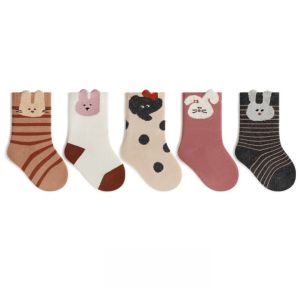 2026 Autumn 0-8Y Kids Mid Calf Socks Cute Cartoon Baby Stuff Stripe Jacquard Soft Long 5 Pairs Multipack Casual Toddler Socks