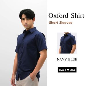 THE ROOMS - เดอะรูม เสื้อเชิ้ต คอปก สีกรมท่า Oxford แขนสั้น รีดง่าย ใส่สบาย