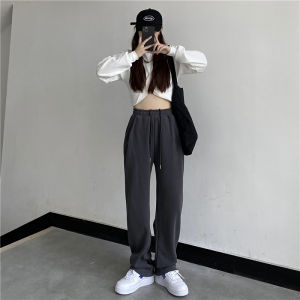 กางเกงกีฬาขากว้างหลวมๆ สีเทา ทรงหลวม ทรงลำลอง กางเกงขายาวทรงขากว้างสำหรับผู้หญิง ฤดูใบไม้ผลิและฤดูใบไม้ร่วง