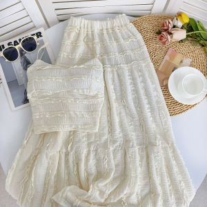 Pure Desire Style Sweet Short Camisole + High Waist Ruffles Mid Length Long Length Skirt Two-piece Set Womens Dress