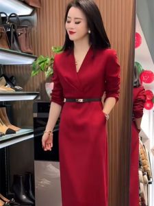 European Station Best Selling Womens Clothes 2024 Spring New Arrival Elegant Fashion Waist-Controlled Pure Color over the Knee Back Slit Dress