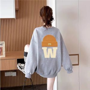 Black round Neck Sweatshirt Womens Autumn Winter Thickened Fleece Casual Lazy Style Loose plus Size Womens Outerwear Trendy