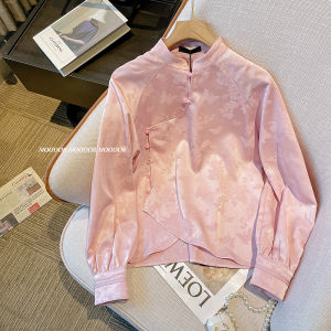New Chinese Style Womens Pink Shirt Satin Fabric Stand Collar Button up Tang Suit Top Long Sleeve Loose Fit Commute Wear
