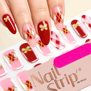 16Tips UV Required Gel Nail Wraps Red Pink Plaid Gold Bow Oval Shape Adhesive Nails Stickers for Women Holiday Work DIY Manicure