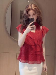YIKEMAI | Plus Size Red Polka Dot Bell Sleeve Flounce Blouse Flattering and Versatile