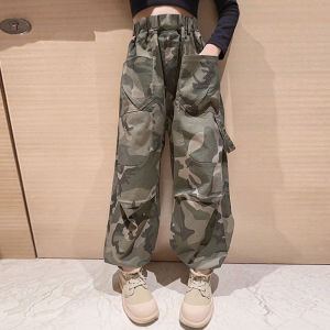 Camouflage Work Pants for Girls Big Kids Military Green American Style Long Pants Autumn Spring Childrens Clothing