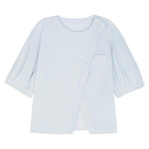 Blue Slim Fit round Neck Short Sleeve Shirt Womens Summer New Unique Atmosphere Top Casual Loose Style Single Button Closure