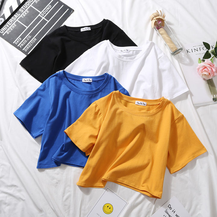 Summer Short Sleeve T Shirts Women Cotton Solid T-shirt O Neck High ...