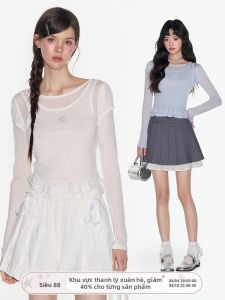 NAPSNAPS | Áo Dài Tay Tencel Voan Mỏng Có Nếp Nhăn Ren Ngọt Ngào