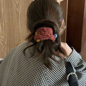Color-Block Knitted Furry Hair Ties Korean Style Adult Hair Bands for Ponytail Autumn Winter New Fashion Hair Accessories