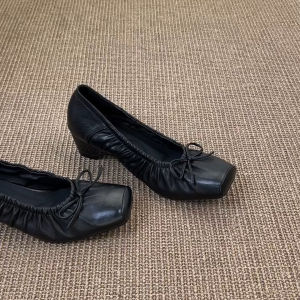 FANGXI | Sheepskin French Ballet Square Toe Bow Thick Heel Loafer Shoes