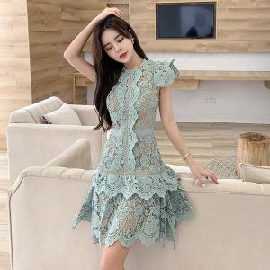 Camile 2025 Summer Ladies Vietnam Niche High Quality Vintage Fashion Blue Lace Dress Hollow Splicing Irregular Elegant Wedding Party Holiday Dresses