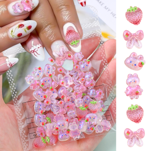 ชาร์มตกแต่งเล็บลายกระต่ายสตรอว์เบอร์รี่โบว์ 3 มิติ คละแบบ 50 ชิ้น สีชมพูวิบวับน่ารัก กระต่าย อุปกรณ์ตกแต่งเล็บสไตล์ Y2K