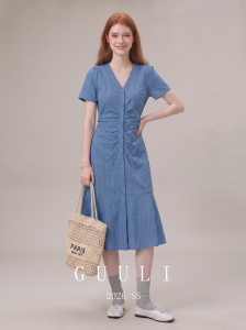GULILI | French Style Vacation Blue V-Neck Puffed Short Sleeve Dress