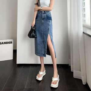 Asymmetrical Split High Waist Denim Skirt Niche Design Burr Straight Bodycon Dress Mid Length Long Length A- line Skirt