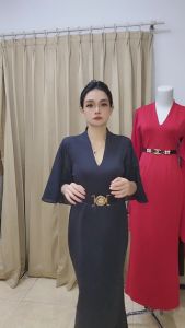 LooWear Gaun Formal Bodycon Vintage Elegan dengan Pita Resmi - Warna Cerah