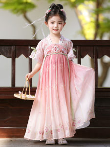 Girls Traditional Chinese Costume Dress Summer Thin Short Sleeve Ancient Style Hanfu Skirt Childrens Mid-Autumn Festival Clothes