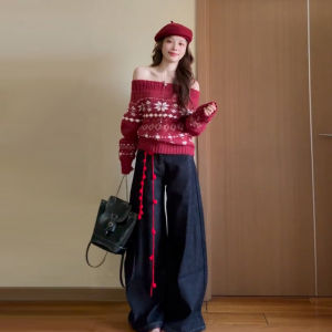 SENWA | Áo Sweater Knit Trễ Vai Đỏ Độc Đáo