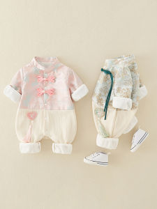 เด็กทารก เด็กผู้หญิง เครื่องแต่งกาย เสื้อผ้าพิธีวันเกิดสไตล์จีน ผ้าฝ้าย Romper ปุ่มปิดแขนยาว ปกตั้ง ชุดคู่