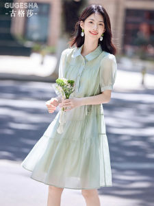 Slimming Effect Bubble Sleeve Shirt Dress Womens Summer High Waist Thin A-Line Dress Casual Style Short Sleeve Mid-Length