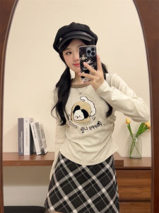 Autumn Season Long Sleeve round Neck Flocking Cute Little Dog Base Shirt Womens Fashionable Slim Fit Cotton T-Shirt