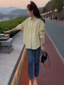 เสื้อเชิ้ตผู้หญิงสไตล์ฝรั่งเศส ปักกระดุม แขนยาว ทรงหลวม สไตล์เกาหลี ปกโปโล เสื้อเชิ้ตผู้หญิงฤดูใบไม้ผลิ 2024