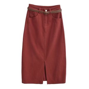 High Waist Midi Pure Color Denim Split Skirt Womens Fashion Street Style A-Line Skirt Slimming Design for Young Adults
