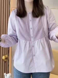 plus Size Fashionable round Neck Pleated Splice Long Sleeve Knitted Shirt Womens Autumn New Style Slimming Design Sense Top