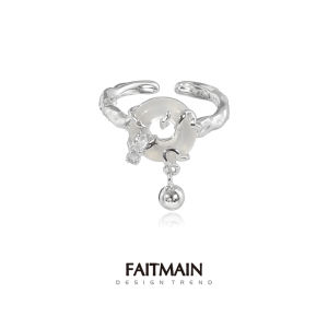 Faitemain Original Pure Silver Agate Ring Middle Finger Open Ring Couple Rings Chinese Style Safety Buckle High Level Minimalist