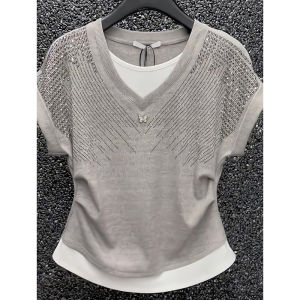 French Elegance Rhinestoned Illusion Two-Piece Fashionable T-shirt