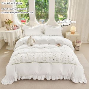 3pcs flowers embroidery Bedding set ruffles Duvet Cover Set (1*Duvet Cover + 2*Pillowcase Without Core)for bedroom guest room