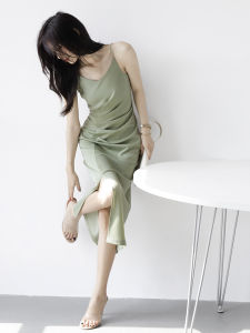 Elegant Slimming Satin Wrap Dress Womens Summer Open Split Strapless Gown Elasticity Long V-neck H-type Casual Style Dress