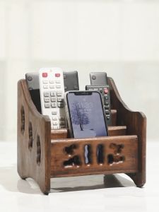 Desk Remote Control Wooden Stand With 4 Compartments Living Room TV Media Organizer