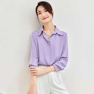 Fashionable Shirt Collar Chiffon Top Casual Pearl Chain Layered Pure Color Slimming Pure Color Shirt OL Style Long Sleeve