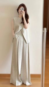 Elegant Loose Sleeveless Texture Vest Set High Waist Draped Wide Leg Pants Two Piece Set Summer Fashion Ensemble for Women