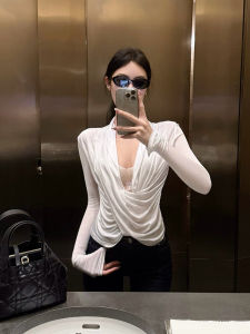 Slimming Effect White Long Sleeve Cross Neck Denim Two-Piece Set Womens Fashion Casual High Waist Straight Leg Jeans Outfit