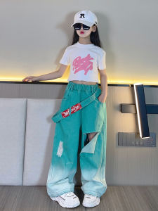 Girls Gradient Denim Jeans Summer Style Ripped Wide Leg Pants Trendy Childrens Clothing Cotton Blend Comfortable Long Trousers