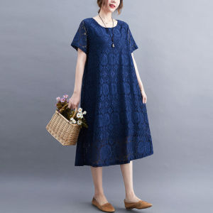 Loose Lace Dress Korean Style Summer New plus Size Womens Clothing Short Sleeve Midi Dress Slimming Effect A-Line Skirt