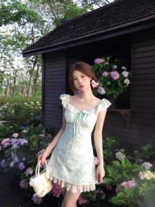 Váy Ngắn Mùa Hè Kiểu Pháp Ngọt Ngào Cho Nữ Váy Chữ a Không Tay Cổ Vuông Váy Midi Thắt Eo Váy Ren Tay Lỡ