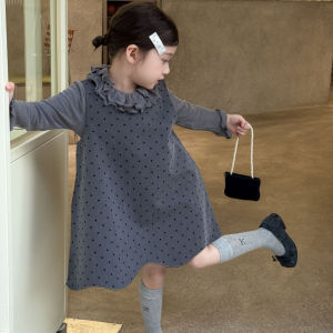 ชุดเดรสแขนกุดผ้ากำมะหยี่ลายจุดฤดูใบไม้ร่วงสำหรับเด็กผู้หญิง ชุดเดรสกระโปรงทรงเอเอวสูง กระโปรงทรงเอ ชุดเด็ก ชุดเด็ก ชุดเด็ก