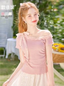 HEYINI | Áo Thun Dáng Xòe Quai Ngang Màu Hồng Nhạt
