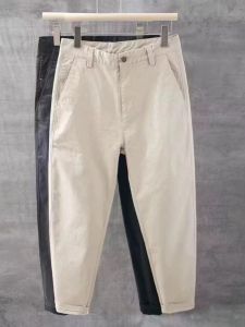 Mens Cotton Straight Leg Casual Pants Pure Color Versatile Spring Autumn Trendy Slim Fit Nine Point Leisure Trousers