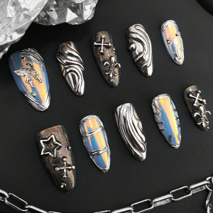 10 ชิ้นเพ้นท์เล็บรูปอัลมอนด์กดด้วยมือบริสุทธิ์เล็บปลอมที่สวยงามเล็บศิลปะสีเข้มหรูหราสำหรับงานหนักเหมาะสำหรับผู้หญิง